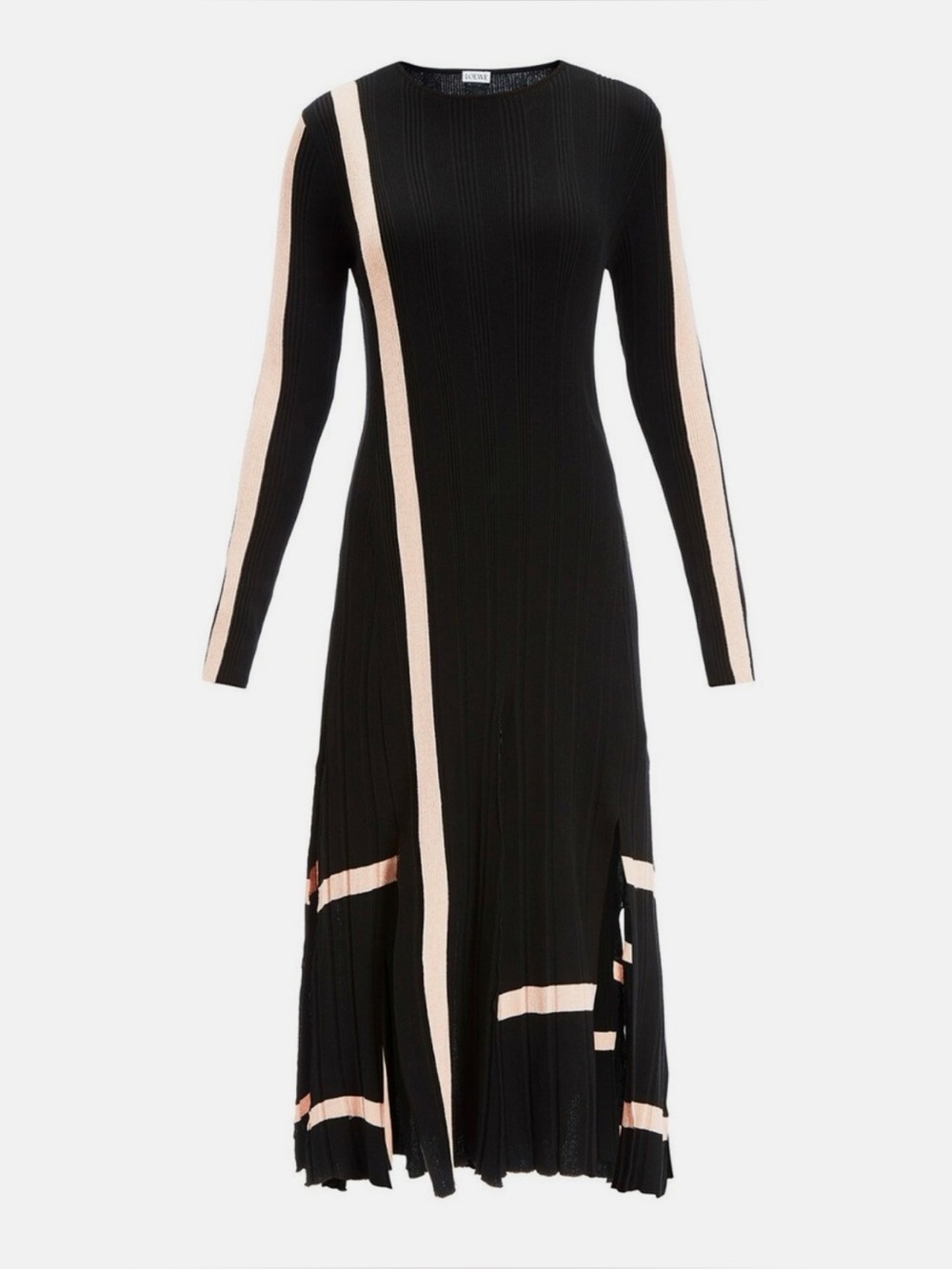 Loewe Black Long Sleeve Ribbed Dress with Beige Stripes
